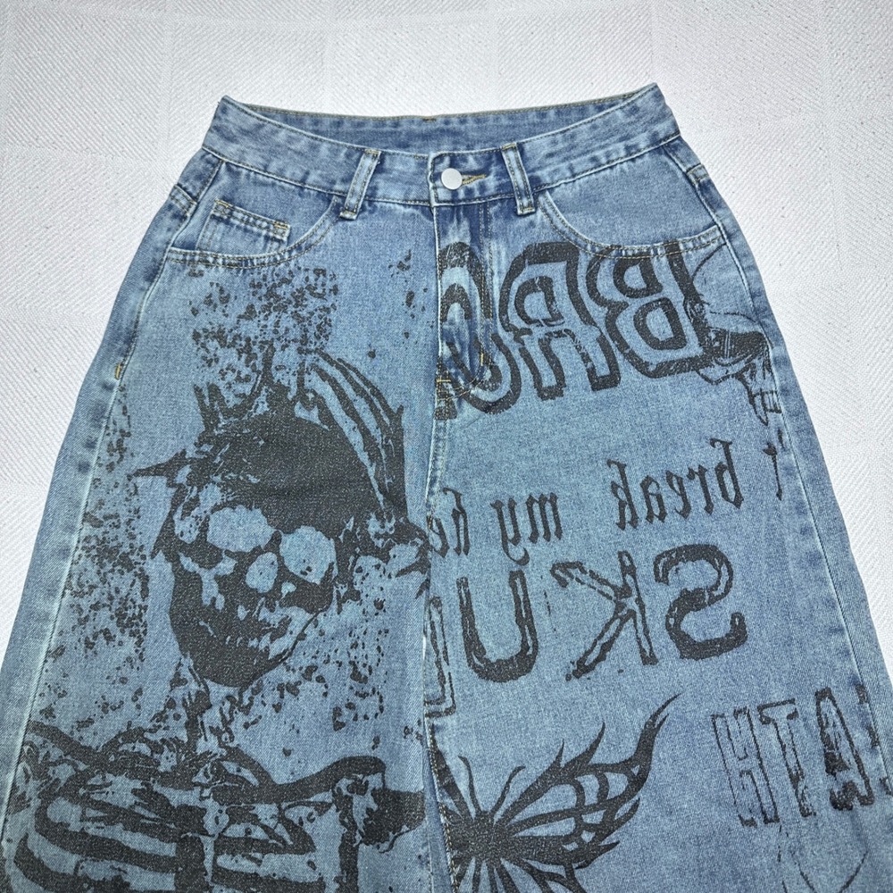 Romwe Wide Leg Jeans Womens Medium 6 Skeleton Skull Oni Demon Print Blue Denim - Picture 2 of 15